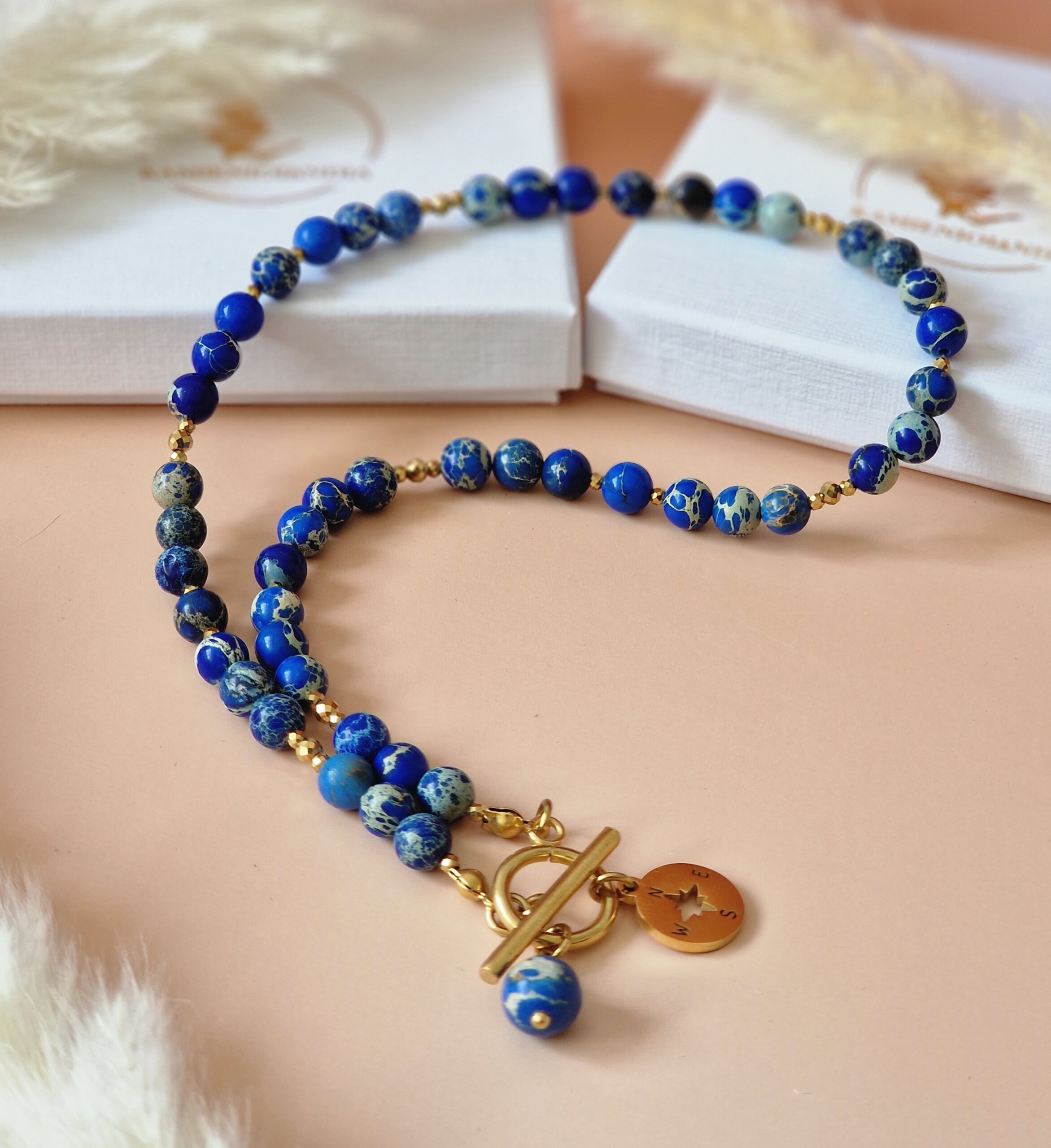 Naszyjnik Jaspis cesarski niebieski, Hematyt