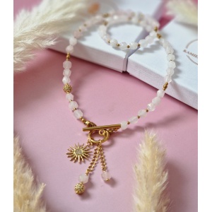 Naszyjnik Kwarc różowy, Hematyt, kulki z cyrkoniami