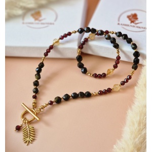 Naszyjnik Obsydian, Cytryn, Granat, Hematyt