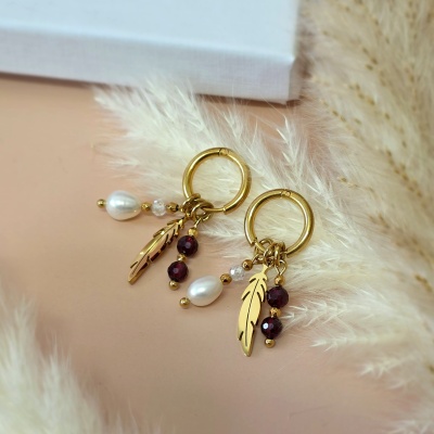 Kolczyki Granat, Perły, Cyrkonia, Hematyt