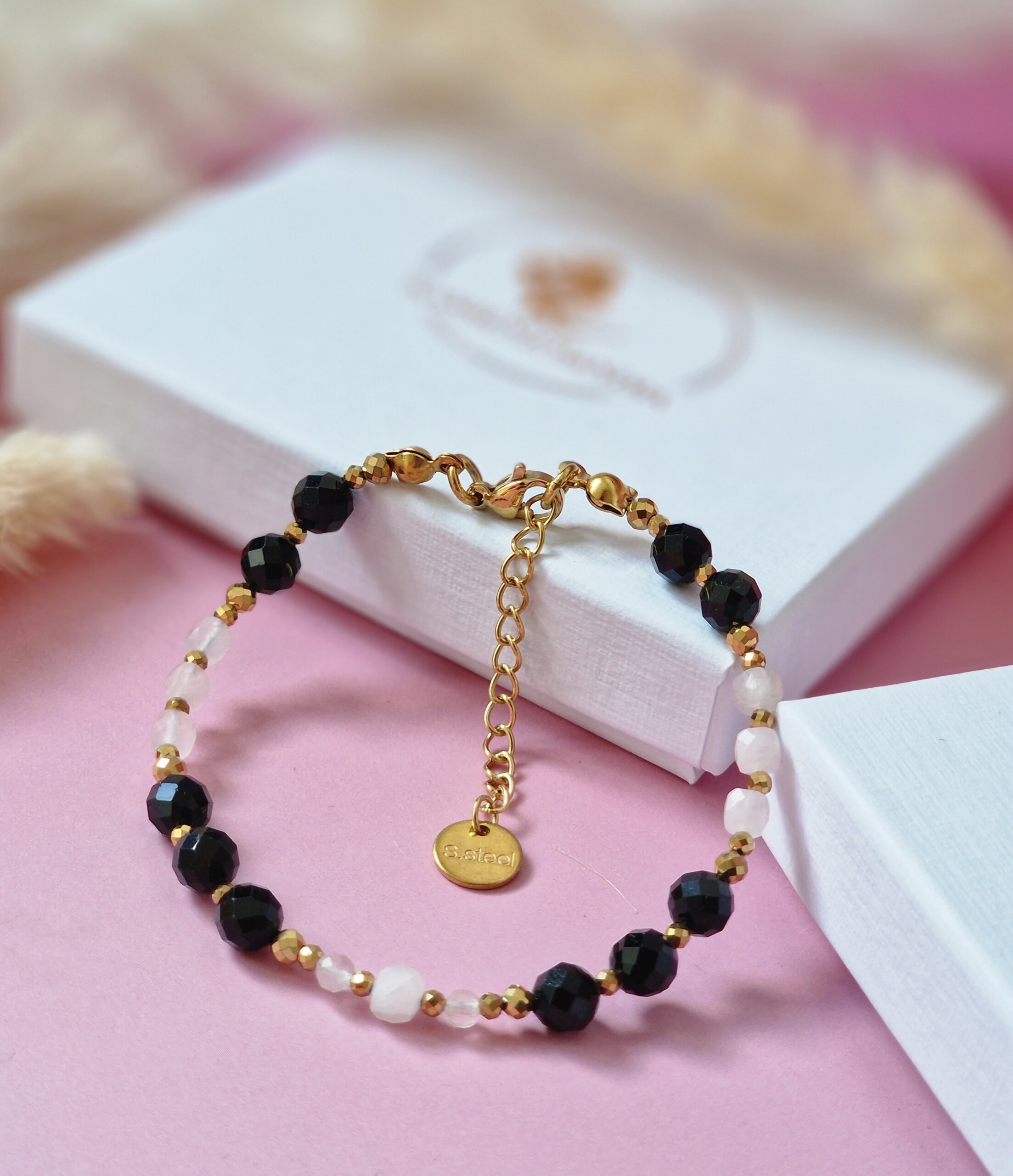 Bransoletka Kwarc różowy, Turmalin, Hematyt