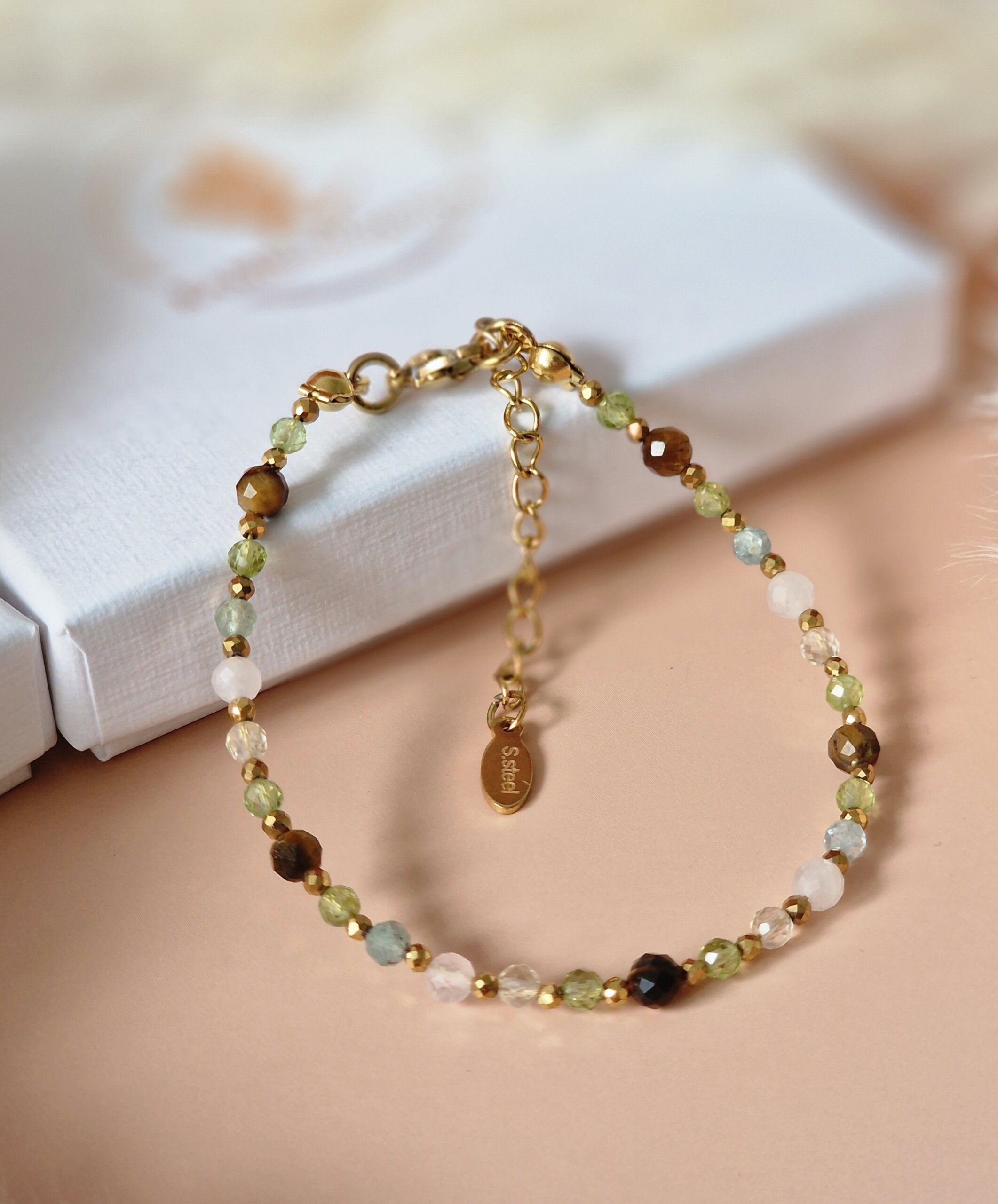 Bransoletka Apatyt, Oliwin, Cytryn, Tygrysie oko, Kwarc różowy, Hematyt