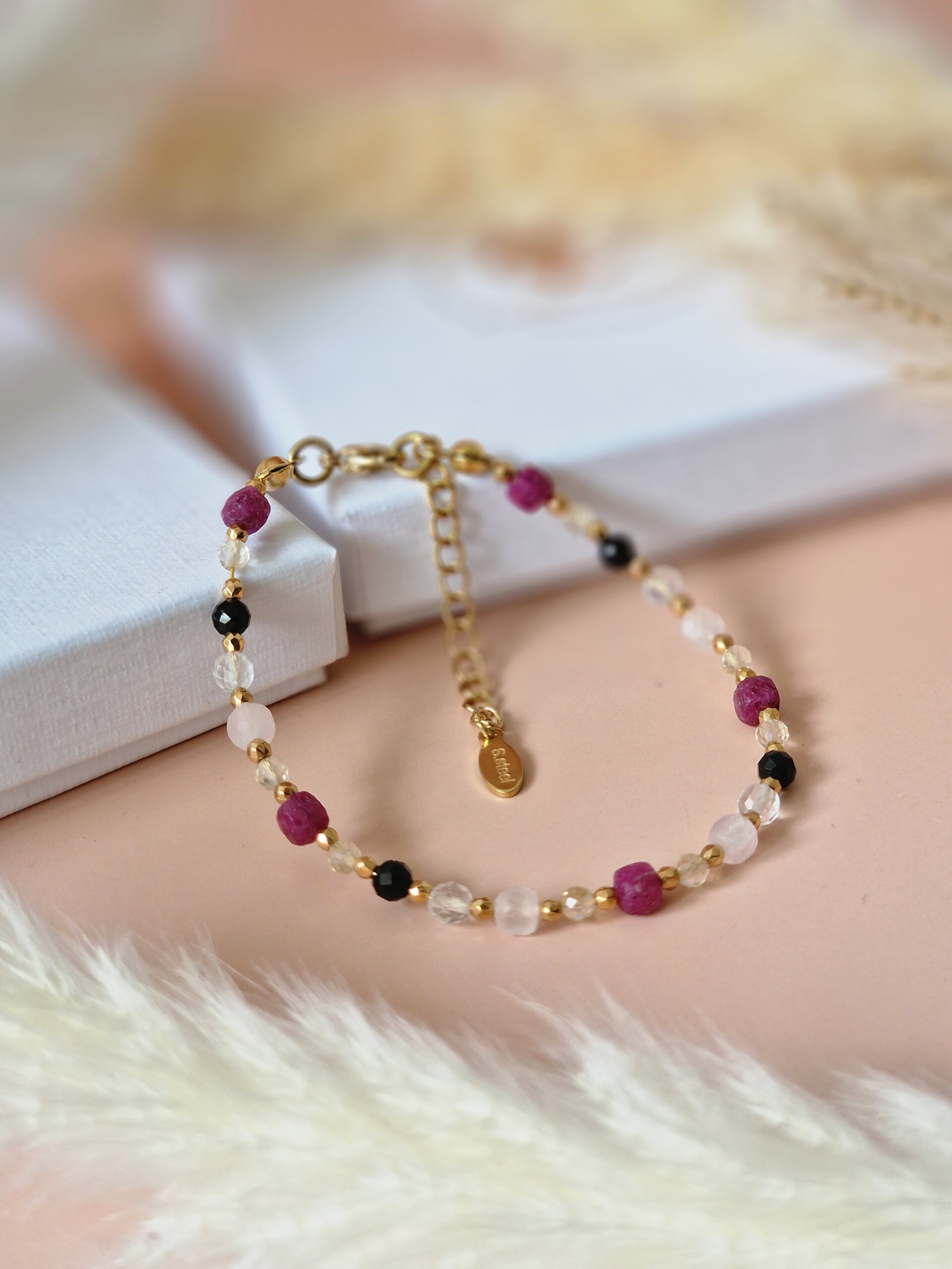BRANSOLETKA Rubin, Kwarc różowy, Krysztal górski, Cytryn, Turmalin