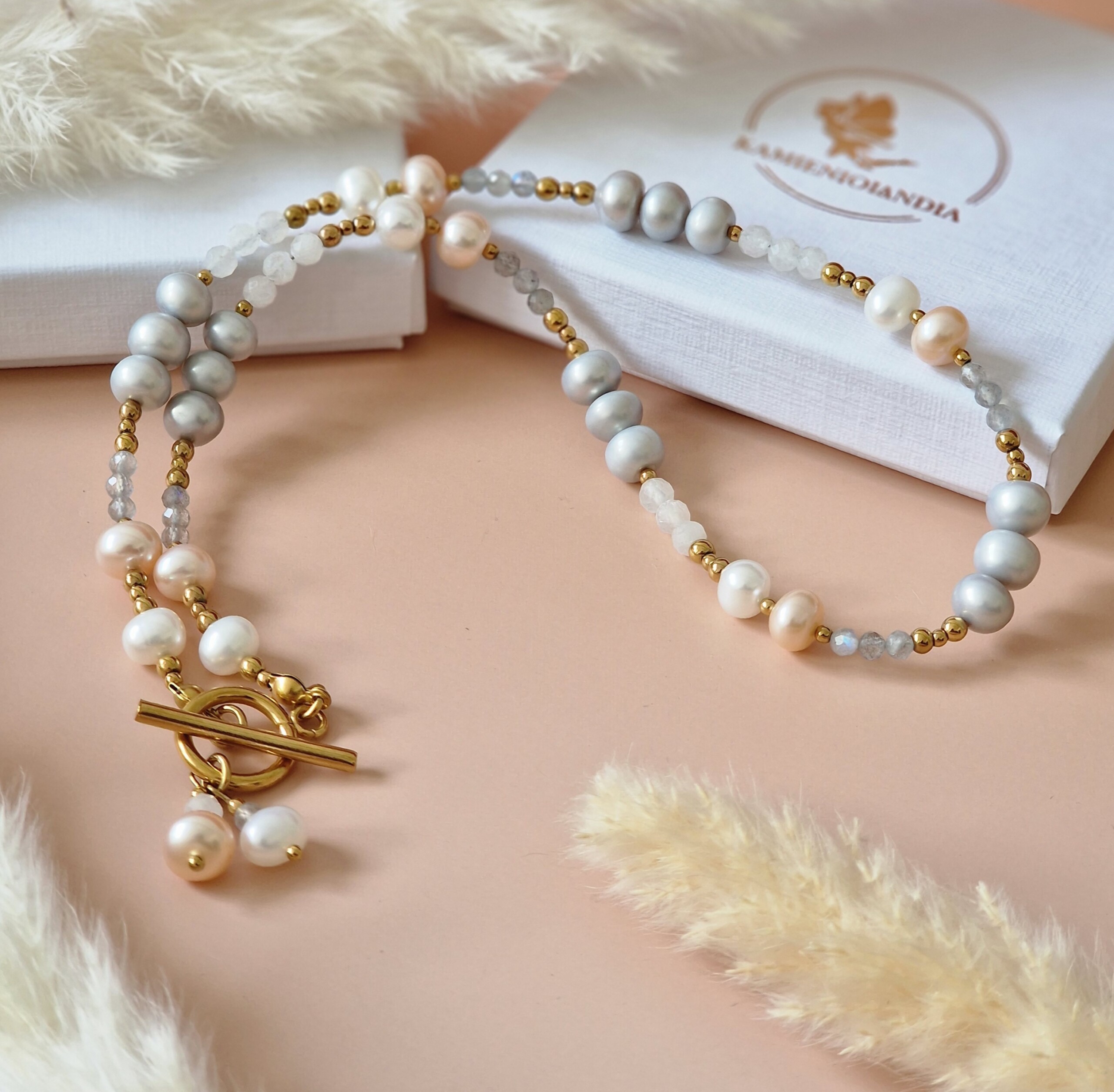 Naszyjnik Perła naturalna, Labradoryt, Kamień księżycowy, Hematyt