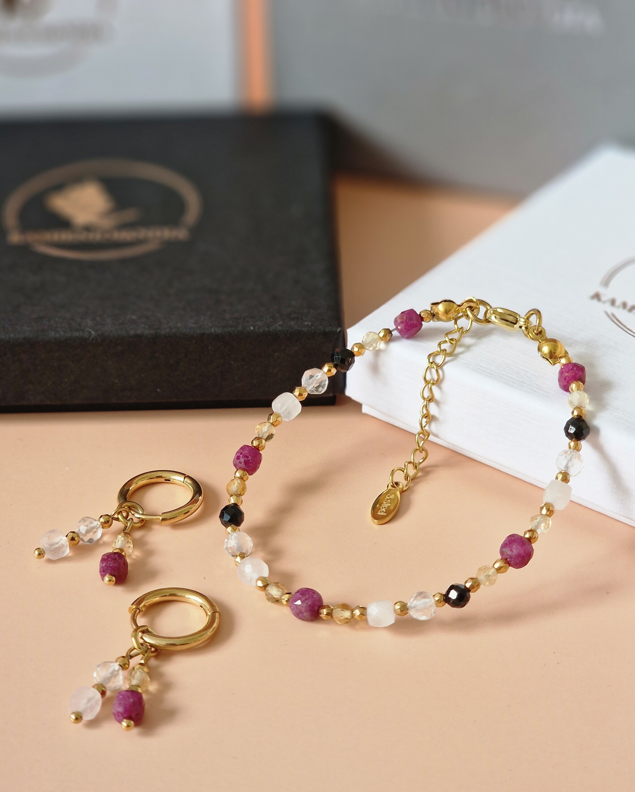 Zestaw Bransoletka + kolczyki Rubin, Kwarc różowy, Kryształ górski, Cytryn, Turmalin