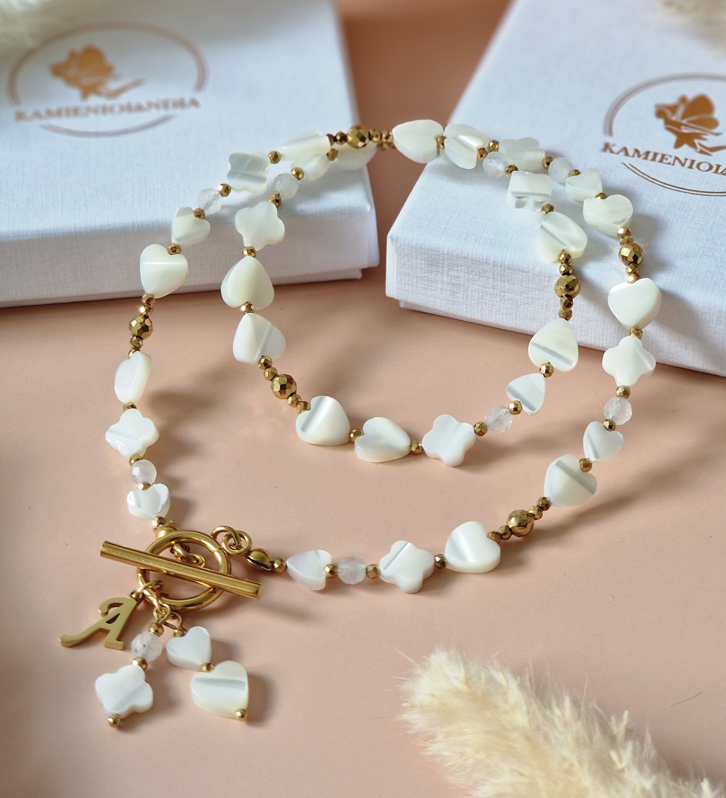 Naszyjnik Masa perłowa, Kamień księżycowy, Hematyt