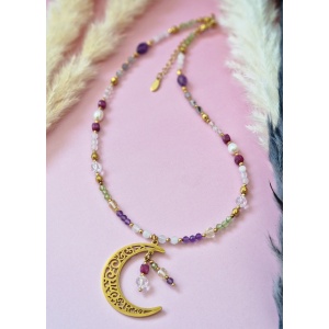 Naszyjnik Kryształ górski, Oliwin, Kamień księżycowy, Ametyst, Cytryn, Rubin, Perła, Labradoryt