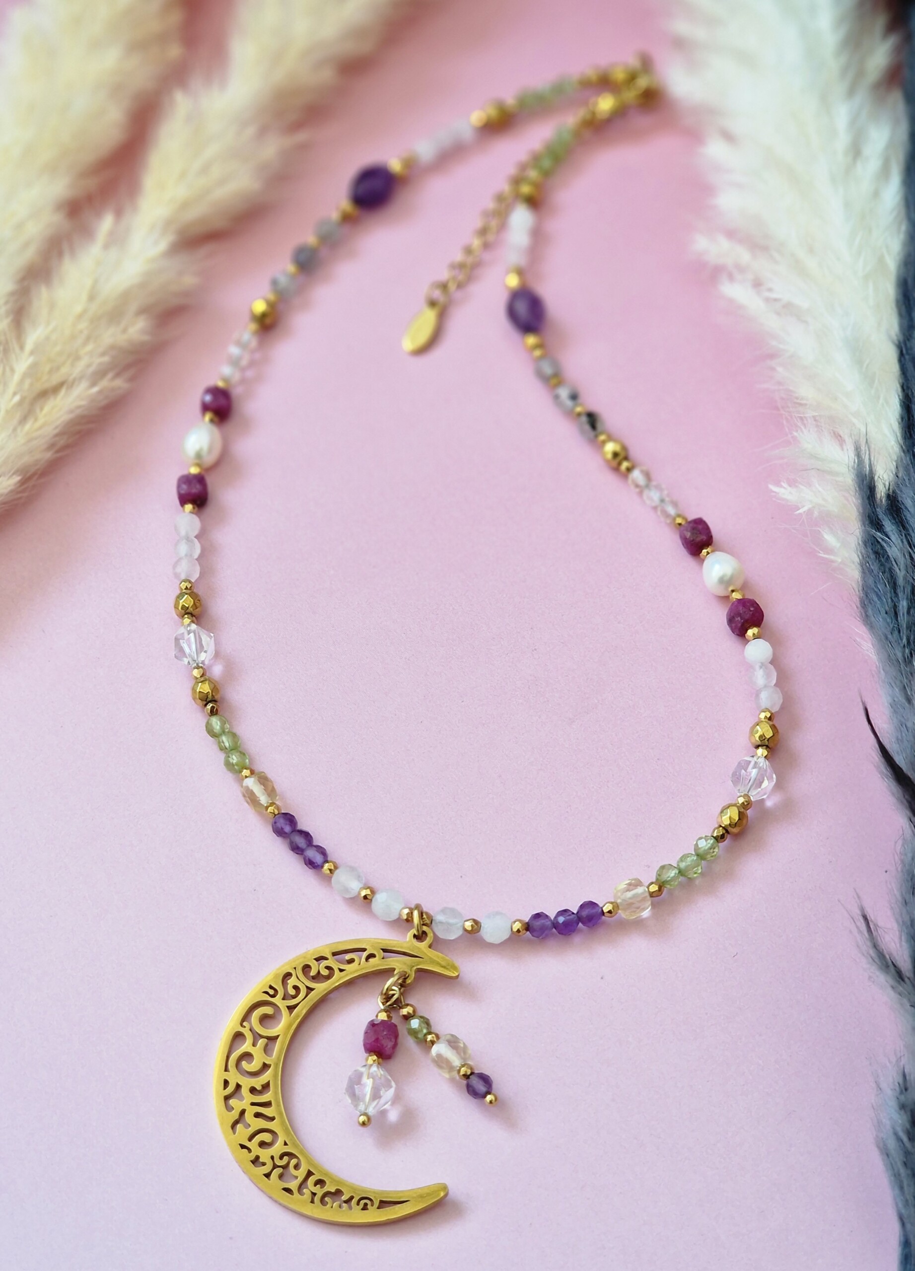 Naszyjnik Kryształ górski, Oliwin, Kamień księżycowy, Ametyst, Cytryn, Rubin, Perła, Labradoryt