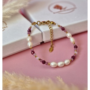 Bransoletka Perła naturalna , Opal, Rubin, Turmalin różowy, Hematyt