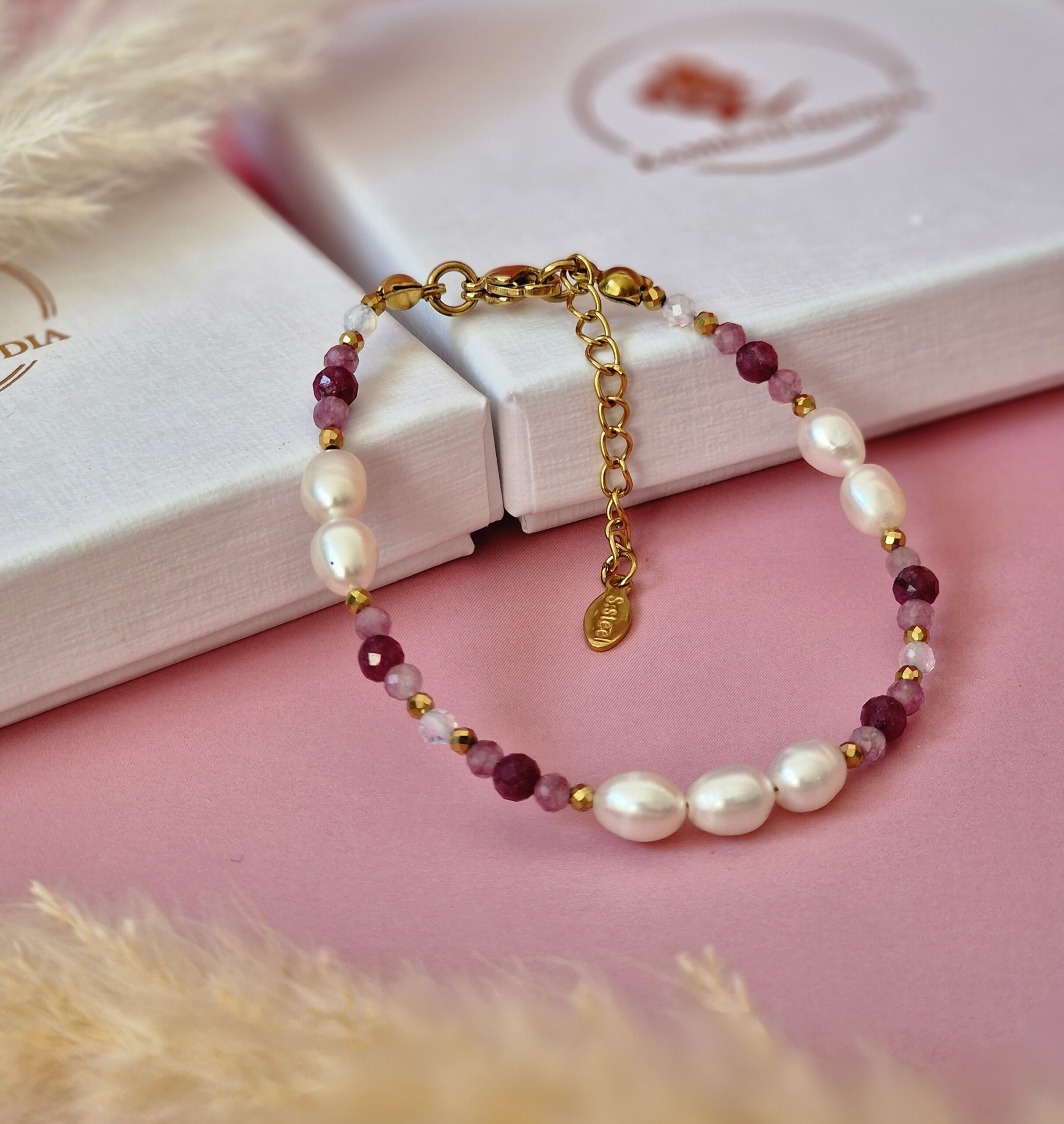 Bransoletka Perła naturalna , Opal, Rubin, Turmalin różowy, Hematyt