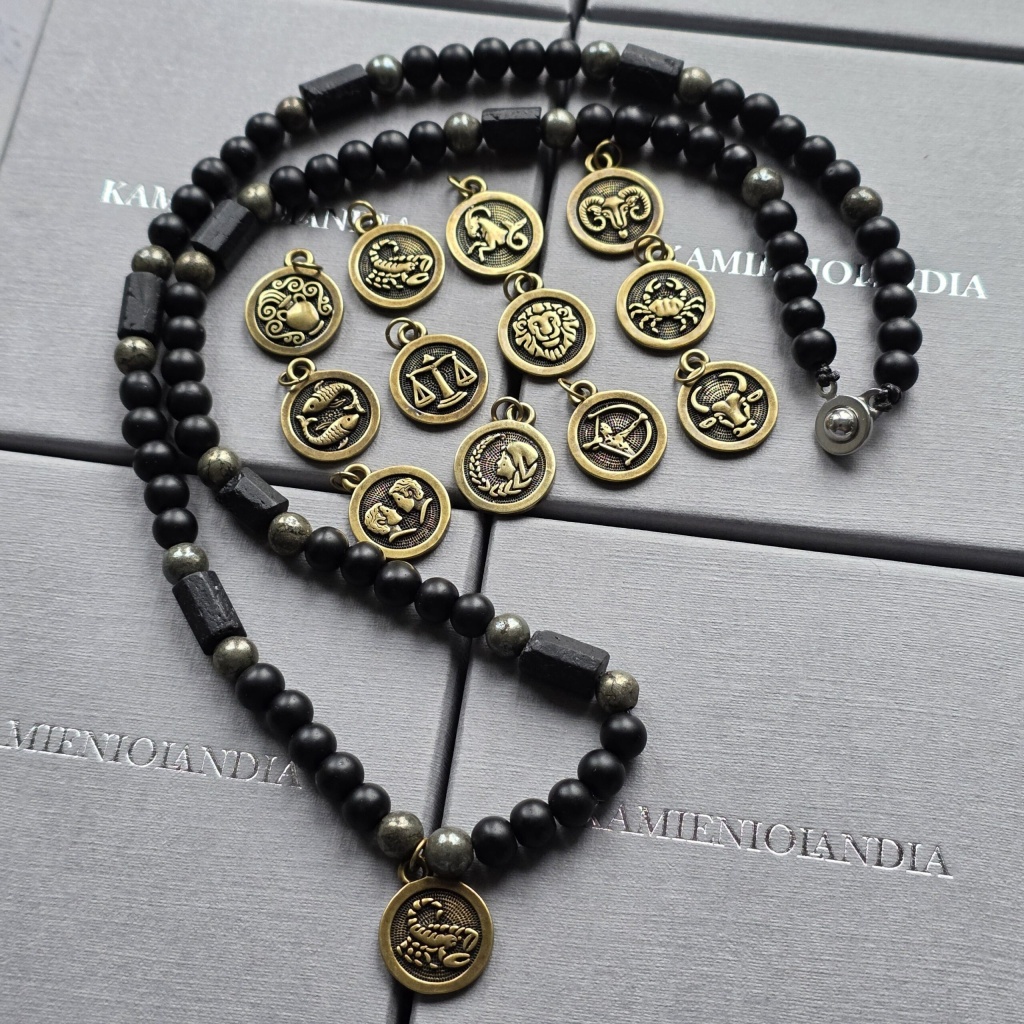 Naszyjnik męski Zodiak, Turmalin, Piryt, Lawa wulkaniczna